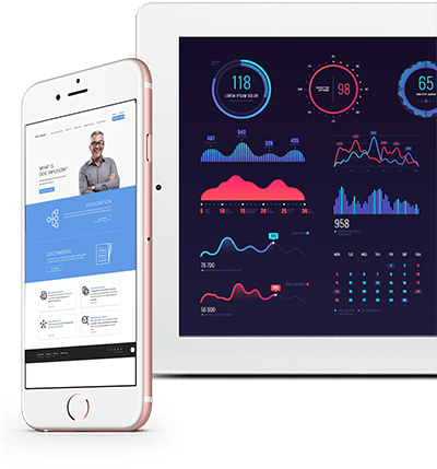 An Iphone and tablet showing a dashboard with analytics from an ERP System